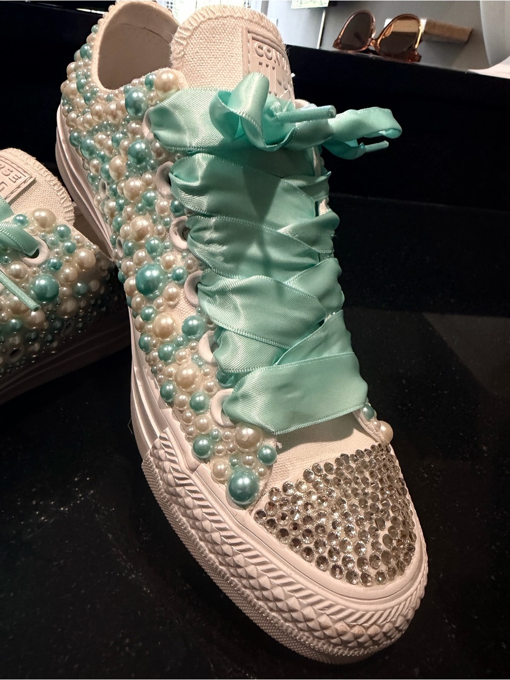 Converse Women's White Sneakers with Aqua Ribbon & Pearl Embellishments - Picture 4 of 5